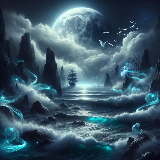 Waves crashed fiercely under a silver moon, whispering secrets of the dark ocean.