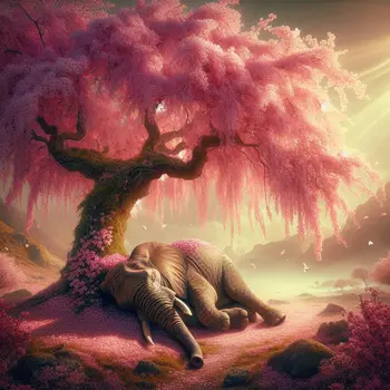 In the dream, a dead elephant lay peacefully beneath a blooming cherry tree. In the dream, a dead elephant lay peacefully beneath a blooming cherry tree.