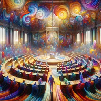 In a dream, voices clash passionately in an endless, surreal debate hall.