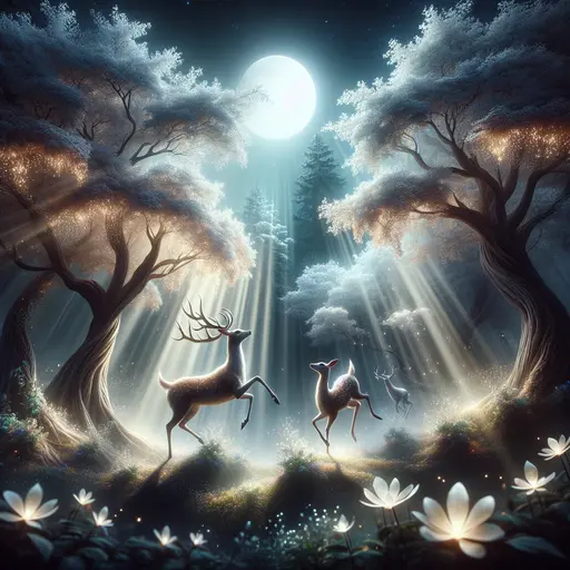 In my dream, graceful deer danced beneath a glowing, moonlit forest canopy.