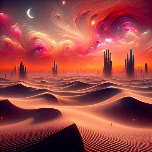 In a surreal dream, endless dunes ripple beneath a blood-orange sky.