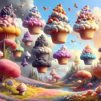 In my dream, clouds rain different flavors of cupcakes, sweet and colorful. In my dream, clouds rain different flavors of cupcakes, sweet and colorful.