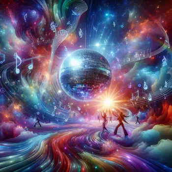 Glittering disco ball spins, casting vibrant colors in a surreal dreamscape.