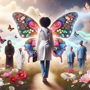 In a surreal dream, the doctor transforms into a butterfly, healing with wings.