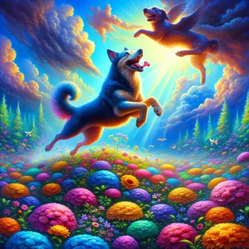 In my dream, a dog raced through vibrant flowers, joyfully barking at clouds.