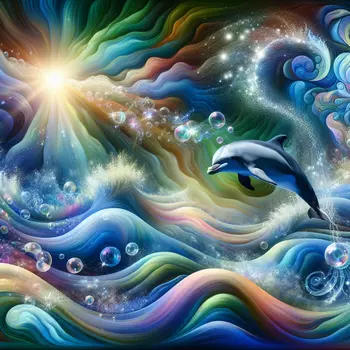 In my dream, a dolphin gracefully leaps through vibrant, swirling ocean waves.