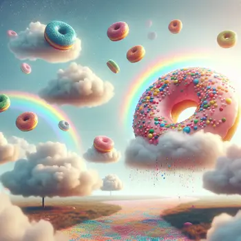 In a dream, giant Donuts floated among cotton candy clouds, shimmering joyfully.