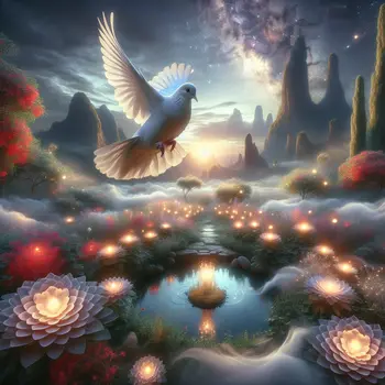 In my dream, a white dove soared above a glowing, peaceful garden.