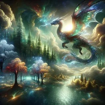 In my dream, a majestic dragon soared above shimmering, enchanted forests below.