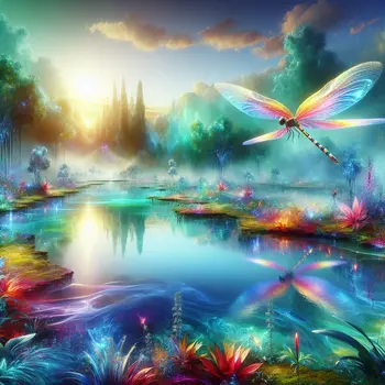 In a vibrant dream, a shimmering dragonfly dances over a crystal lake.