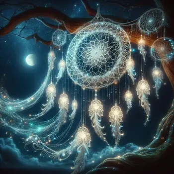 A glowing dream catcher sways, capturing luminous dreams in a starry night.