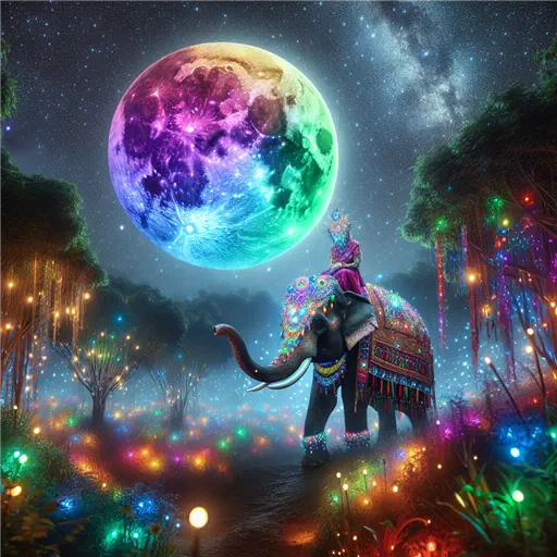 In my dream, an elephant danced under a glowing, rainbow-colored moon.