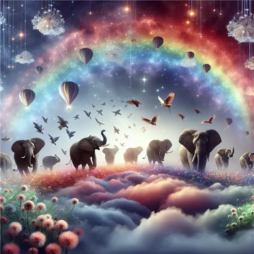 In a vibrant dream, elephants danced gracefully beneath a rainbow-lit sky.