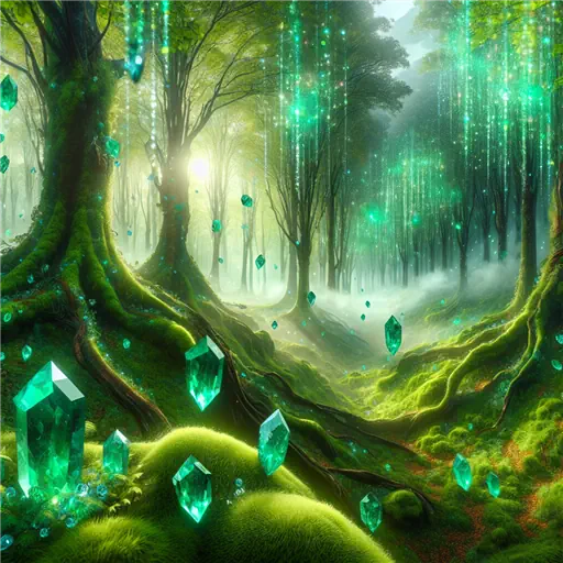 In my dream, emeralds rained down, shimmering through a vibrant, misty forest.