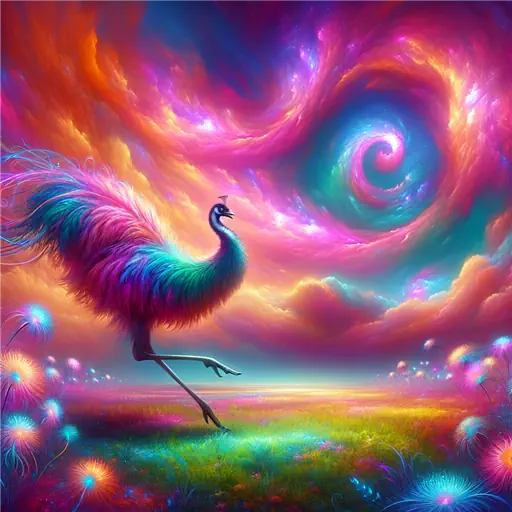 In a vibrant dream, an emu dances beneath a sky of swirling colors.