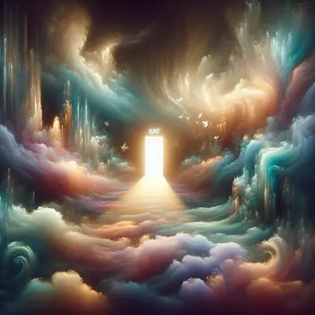 In a hazy dream, a glowing exit sign beckons through swirling mist. In a hazy dream, a glowing exit sign beckons through swirling mist.