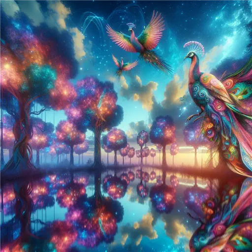 In my dream, vibrant exotic birds soared among towering, kaleidoscopic trees.