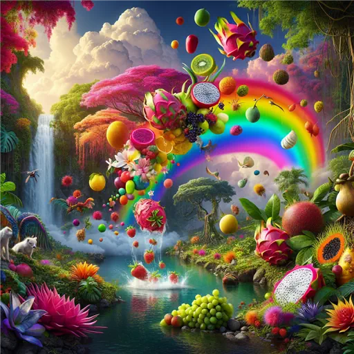 In my dream, vibrant exotic fruit rained from a rainbow-lit sky.