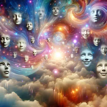 Floating faces smiled softly under a shimmering, kaleidoscopic sky in my dream.