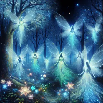 In a dream, luminescent fairies danced under a moonlit enchanted forest.