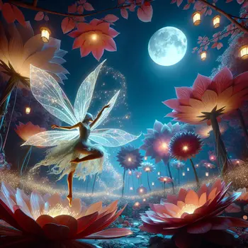 In my dream, a glowing fairy danced atop shimmering moonlit petals.