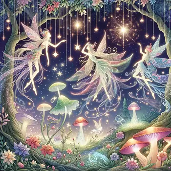 In a dream, enchanted forest glimmered with fairytale creatures dancing under starlight.