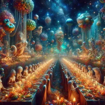 In the dream, a lavish feast sparkled under twinkling stars, inviting all. In the dream, a lavish feast sparkled under twinkling stars, inviting all.