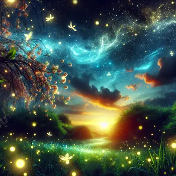 In my dream, glowing fireflies danced under a starry, enchanting night sky.