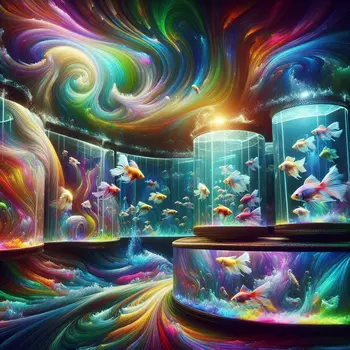 In the dream, colorful fish tanks shimmered under vibrant, swirling lights around me.