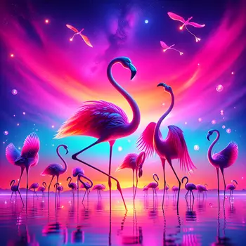 In my dream, flamingos danced gracefully under a shimmering, neon sunset sky.