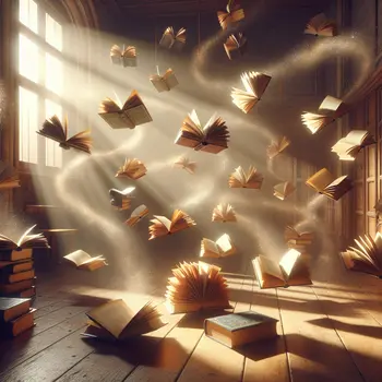 In my dream, floating books danced softly in the golden sunlight above. In my dream, floating books danced softly in the golden sunlight above.