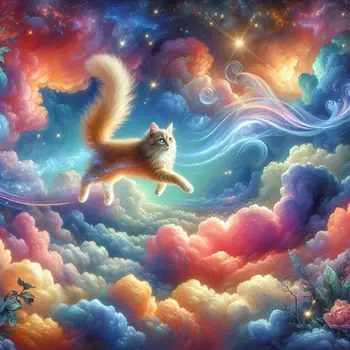 In my dream, a glowing floating cat danced among swirling, colorful clouds.