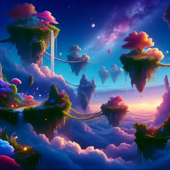 In my dream, vibrant floating islands swayed gently under a twilight sky.