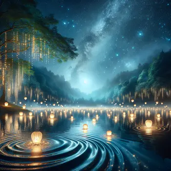 In my dream, glowing floating lanterns danced above a tranquil, moonlit lake.