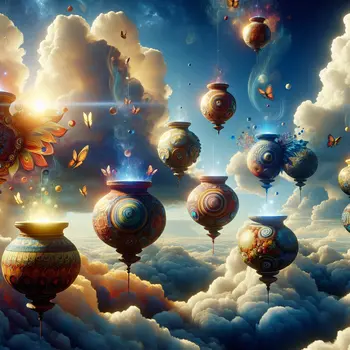 In a surreal dream, vibrant floating pots danced among clouds, defying gravity.