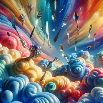 In a vibrant dream, floating utensils danced gracefully through a colorful sky.