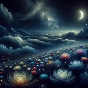 In a dream, vibrant flowers bloomed under a starlit, whispered night sky.