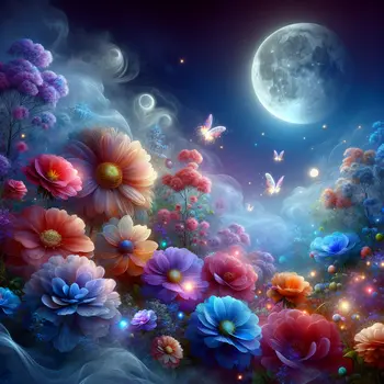 In a dream, vibrant flowers bloom under a glowing, ethereal moonlight sky.