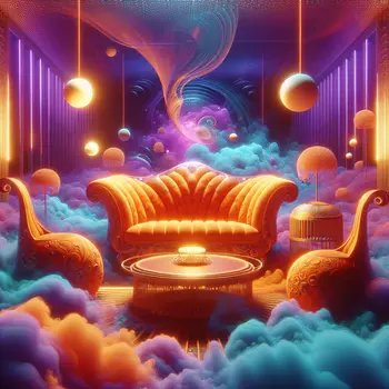 In the dream, fluorescent orange furniture glows amidst swirling purple mist and laughter.