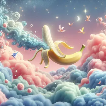 In a surreal dream, a flying banana soared through cotton candy clouds.