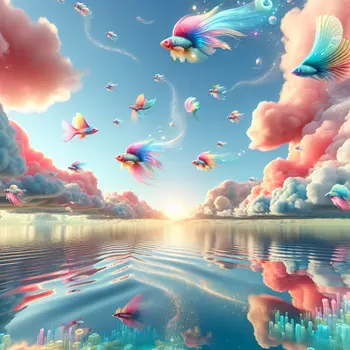 In my dream, colorful flying fish danced beneath cotton candy clouds.