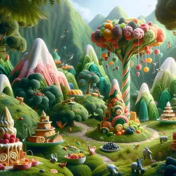 In my dream, mountains of colorful food danced in a whimsical forest.