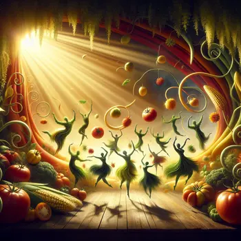 In a vibrant dream, fresh produce danced under a golden sunbeam.