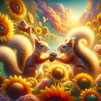 In a dream, friendly squirrels shared acorns under a vibrant, sunflower sky.