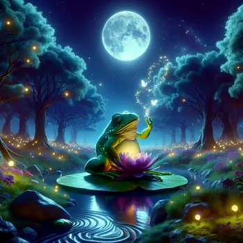 In a vibrant dream, a giant frog serenades under a glowing moon.