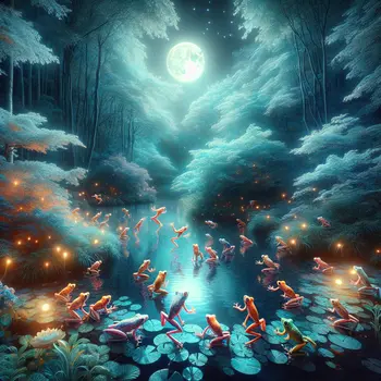 In a dream, vibrant frogs danced under a glowing moonlit pond.