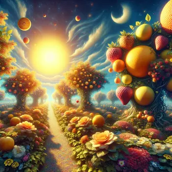 In my dream, vibrant fruit garden blossoms under a golden, shimmering sun.