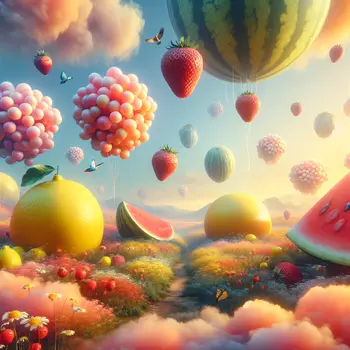 In my dream, vibrant fruits floated like balloons in a pastel sky.