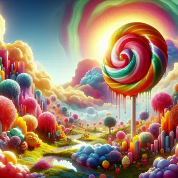 In the dream, a fruity lollipop sun melts candy clouds, showering sweetness.