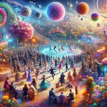 In a surreal dream, mourners danced joyfully around a vibrant, colorful funeral.